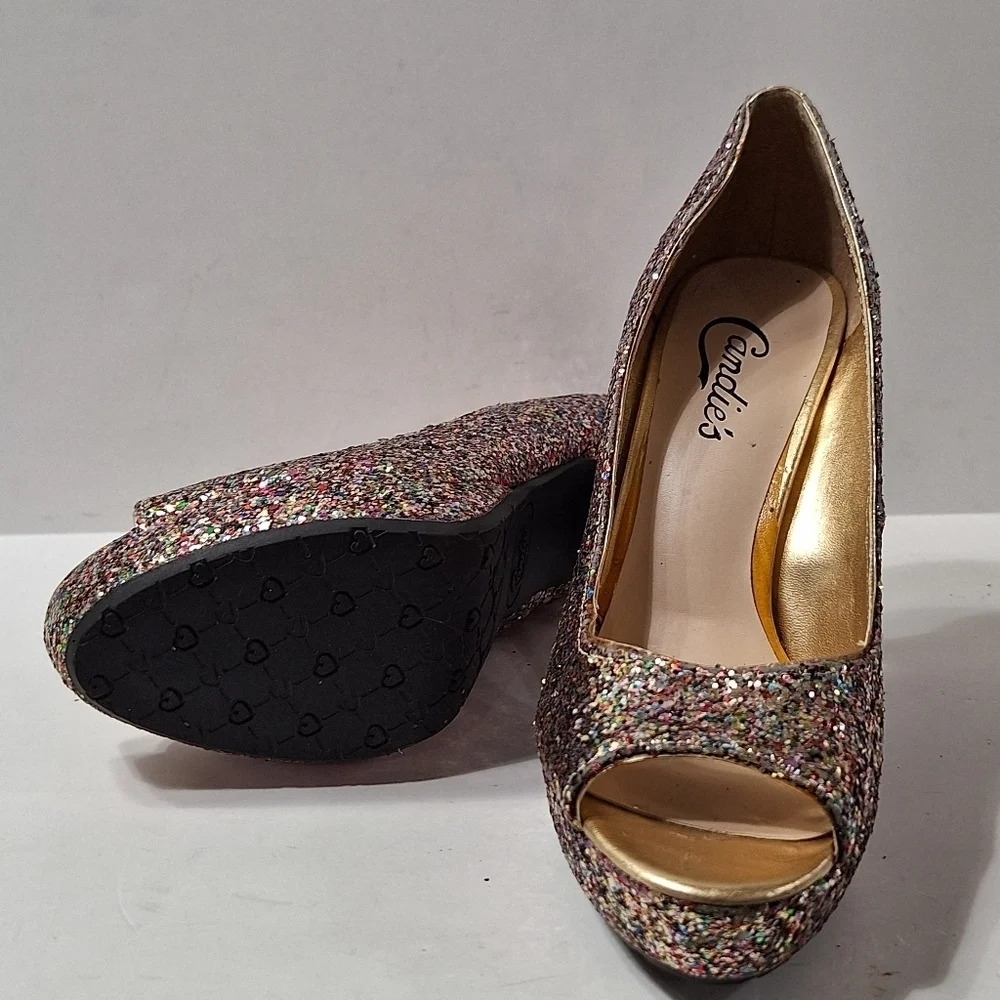 Candies Bohemian Retro Glitter Rainbow Peep Toe Platform Stiletto Heels Size 6.5